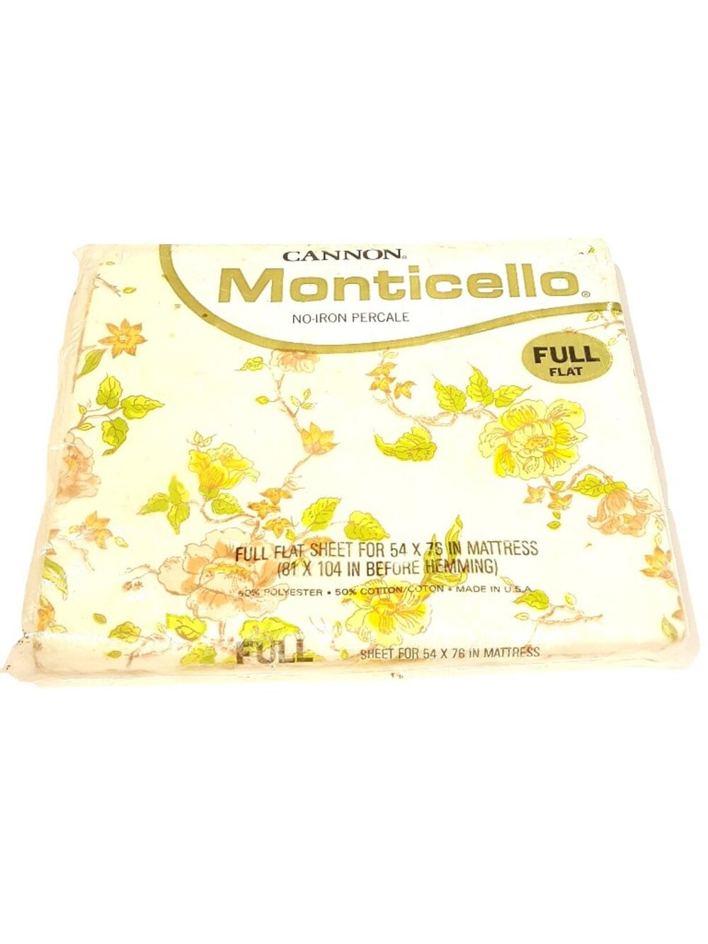 Cannon Monticello "Blossom Time" Gold Green Floral Percale Full Flat Vintage